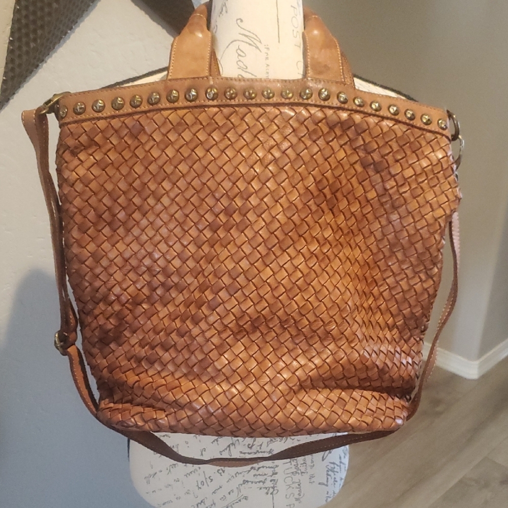 Castanza Rota Chic Brown Leather Tote with Intricate Woven Design Inc. Dust Bag.